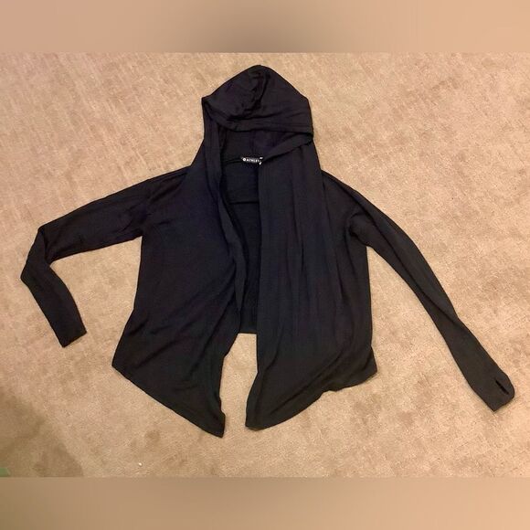 ATHLETA NIRVINA OPEN WRAP TIE HOODED black JERSEY KNIT SHIRT TOP sz XS or S - Picture 4 of 4